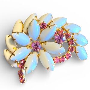 Vintage Milk Glass & Pink Rhinestone Floral Spray Brooch